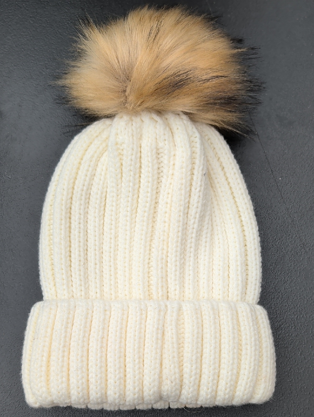 Furtalk Cream Knit Pom Beanie Hat with Faux Fur Pom - Picture 3 of 6